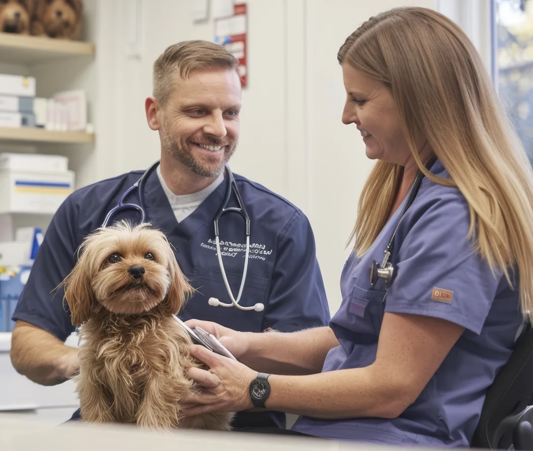 Veterinary team with dog in hospital
